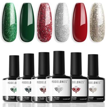 Imagem de modelones Conjunto de esmalte de gel, 6 cores brilhantes, verde-escuro, vermelho, prata, champanhe, ouro rosa, glitter, kit de esmalte de gel de ano novo, decoração de unhas, salão de manicure, faça