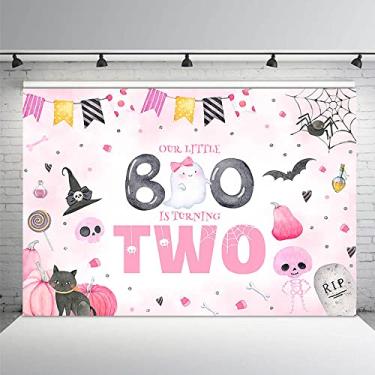 Imagem de MEHOFOND Fundo de festa de Halloween Pastel Boo de 7 x 5 pés para meninas fundo de morcego fantasma abóbora rosa decorações de 2º aniversário Nosso pequeno Boo está virando dois banners suprimentos de mesa de bolo adereços de cabine de fotos