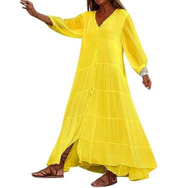 Imagem de UIFLQXX Vestido feminino de retalhos de cor sólida manga longa gola V solto de algodão e linho vestido de coquetel vestido evasê, Amarelo, G