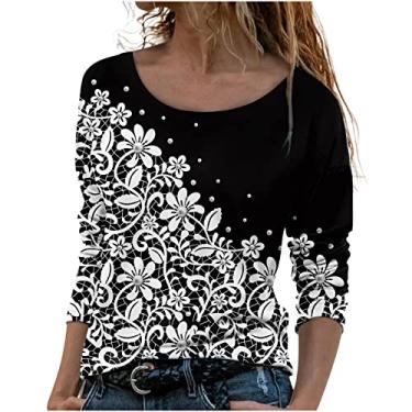 Imagem de Blusas femininas de gola redonda para mulheres gradiente gráfico floral ajuste solto camisa longa outono verão 2024 moda Y2K, W-831 Branco, G