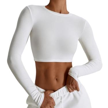 Imagem de Panegy Blusa cropped de ioga feminina lisa de manga comprida/sem mangas, camiseta de ginástica atlética justa e elástica, Estilo 1 branco, M