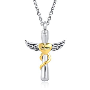 Imagem de MZC Jewelry Colar de urna de asa de anjo com coração cruz para cinzas, homens e mulheres, pingente de lembrança de cremação, suporte de cinzas, memorial para pai, mãe, irmã, irmão, vovó, metal, aço