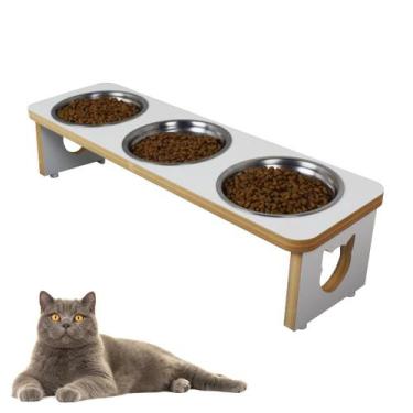 Imagem de Comedouro Pet Gato Elevado Triplo MDF Linha Basic - Branco - Maderacco