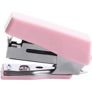 Imagem de Mini grampeador rosa com grampos, máquina de encadernação portátil, conjunto de grampeador de metal colorido Morandi com grampos, artigos de papelaria para estudantes, material de escritório,
