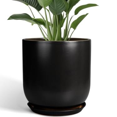 Imagem de SUNPOTFOR Vaso de cerâmica – Vaso grande de 30 cm com orifício de drenagem e pires, vaso de flores moderno para plantas internas e externas, decoração de jardim, preto