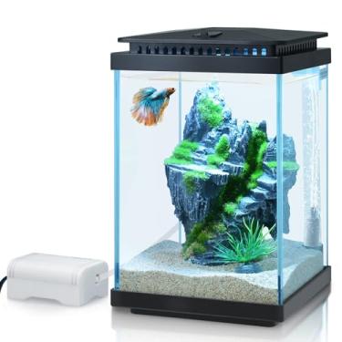 Imagem de FEDOUR Pequeno aquário de vidro, aquário de mesa de 1 galão, tanque de peixes Betta, kit iniciante de mini aquário com bomba de ar decoração de luz LED rede de peixes para trocador de água (preto)