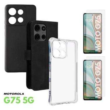 Imagem de Kit Completo Para Motorola Moto G75 Carteira + Capa Preta + Transparen