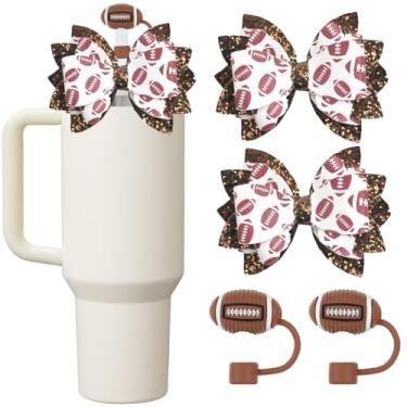 Imagem de 2 peças de cobertura de palha de futebol com 2 peças de gravatas borboleta com glitter de futebol, capas de palha de silicone de 10 mm 0,4 polegadas para copo de 30 e 1,134 g com alça