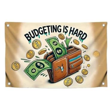 Imagem de Bandeiras de drama financeiro de 9 x 1,2 m com citações com quatro argolas de latão - O orçamento da carteira é difícil para uso interno ou externo - Banner com imagem carteira com dinheiro - Bandeira