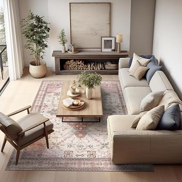 Imagem de Ashler Home Deco Tapete retangular de 2,5 m x 1,8 m, bege, padrão geométrico, pelo alto, antiderrapante, lavável na máquina, uso interno