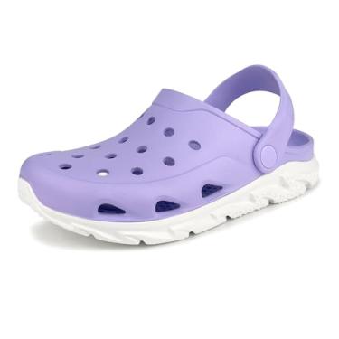 Imagem de Tamancos de jardim masculinos e femininos com suporte de arco, sem sexo leve sem cadarço com dupla cor, sandália antiderrapante para uso ao ar livre, praia, jardim, piscina, interior, Roxo/branco, 9