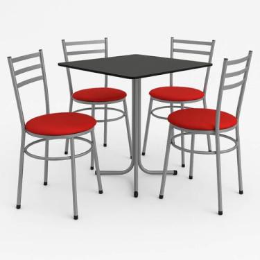 Imagem de Mesa de Jantar Quadrada 70cm Preta Com 4 Cadeiras Estofada Cinza - Lam