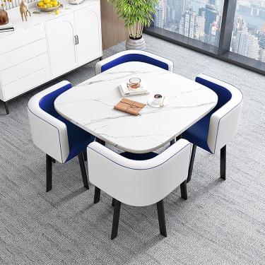 Imagem de Mesa e 4 cadeiras, mesa de conferência com 4 cadeiras, combinação de mesa e cadeira, assento acolchoado e mesa de cozinha PU, mesa de jantar e cadeiras para 4, para sala de jantar em casa