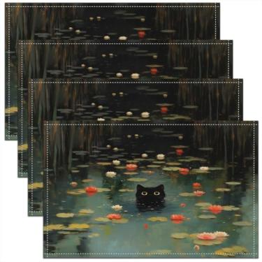 Imagem de meiyoeat Jogo americano engraçado de gato preto, conjunto de 4, tapetes de mesa de lótus para lago, crianças, meninos, meninas, estilos de pintura a óleo para cozinha, decoração de mesa de jantar
