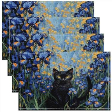 Imagem de meiyoeat Jogo americano de mesa de gato preto, azul, floral, preto, conjunto com 4, para crianças, meninos, meninas, vintage, fofo, animal, para cozinha, decoração de mesa de jantar, ambientes