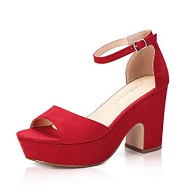 Imagem de Sandálias femininas plataformas de camurça bico aberto tira no tornozelo moda vestido sexy bloco salto alto salto grosso, Veludo vermelho, 6.5
