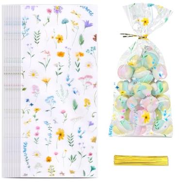 Imagem de ALIBBON 100 unidades de sacos de guloseimas de celofane para festa de flores silvestres de plástico floral doces biscoitos transparentes com 100 laços torcidos para chá de bebê, chá de panela