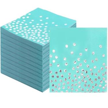 Imagem de 100 guardanapos de bolinhas azul-petróleo e prata azul-petróleo suprimentos de festa descartáveis de bolinhas azuis guardanapos de festa para casamento, decorações de aniversário de formatura (100)