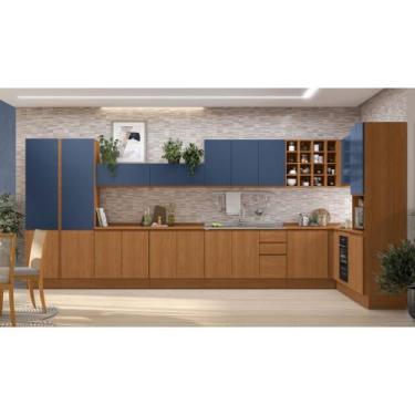Imagem de Cozinha Modulada Planejada de Canto Ciela Kappesberg, Canela/Azul Prof