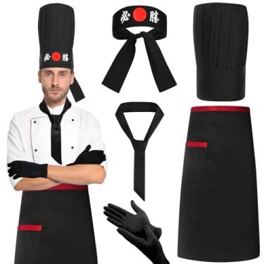 Imagem de JcHrmers 5 peças acessórios de fantasia de chef Hibachi japonês Teppanyaki boné alto Hachimaki bandana gravata avental luvas de nitrilo preto