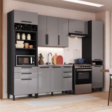 Imagem de Cozinha Modulada Completa Fidelitá Mônaco 5 Peças 320cm 11 Portas 4 Gavetas Sem Tampo Cinza/Titânio