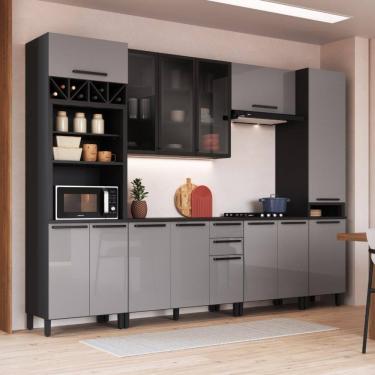 Imagem de Cozinha Modulada Completa Fidelitá Mônaco 6 Peças 320cm 14 Portas 2 Gavetas Com Tampo Cinza/Titânio