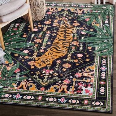 Imagem de Aldopein Tapetes tropicais orientais laváveis, resistentes a manchas, preto, boêmio, vintage, desgastado, hippie, 114 x 18 cm, para sala de estar, quarto, cozinha, entrada, tapete abstrato botânico
