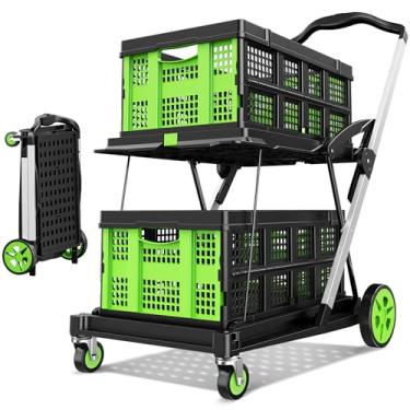 Imagem de Carrinho de compras dobrável, 8 em 1, carrinho utilitário multifuncional de 90 kg com 2 caixas de armazenamento, carrinho de compras com alça ajustável sobre rodas para compras/armazém/escritório