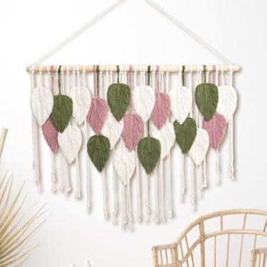 Imagem de WOODSTICK Tapeçaria de parede de macramê grande - decoração de parede boho em bege, rosa antigo e verde - tapeçarias boêmias com folhas de tecido chique, arte de fibra de algodão artesanal, tapeçaria