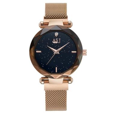 Imagem de MASTOP Relógios femininos modernos analógicos de quartzo, pulseira de malha, fivela magnética, à prova d'água, relógios de pulso para mulheres, Moda/ouro rosa, Relógios de quartzo