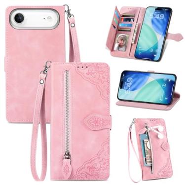 Imagem de TopFunny Capas para iPhone Plus carteira feminina com porta-cartões retrô em relevo flor zíper carteira de couro PU capa flip com cordão destacável para Apple iPhone Plus 16.8 cm rosa