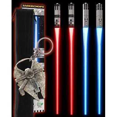 Imagem de Sabre de luz, pauzinhos de sabre de luz, presentes de Star Wars, luzes de LED, reutilizáveis, sabre de luz, alça removível, seguro para lava-louças, vermelho e azul, 2 pares e chaveiro Millennium Falcon grátis abridor de garrafa