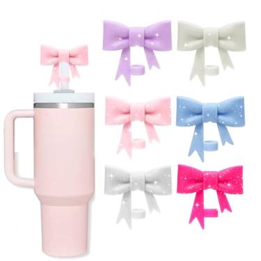 Imagem de Oddyami Topper de cobertura de canudo de laço para Stanley Cup, topo de palha rosa com glitter de silicone para copo com alça 30/1,134 g, tampas de canudos fofos de 10 mm, tampas de canudos