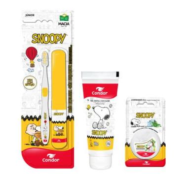 Imagem de Kit Escova Dental Macia Júnior + Gel Dental + Fio Dental Snoopy Condor