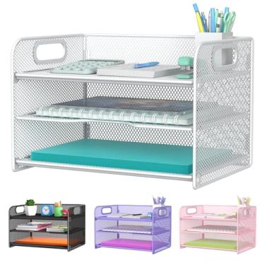 Imagem de Samstar Organizador de papel branco de 3 camadas com alça, organizador de mesa de malha, organizador de papel, prateleiras de arquivo, branco