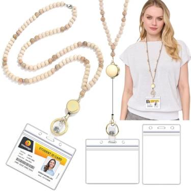 Imagem de Cordão para crachás de identificação e chaves, cordão de professor fofo para mulheres, cordões retráteis de madeira natural com suporte de identificação