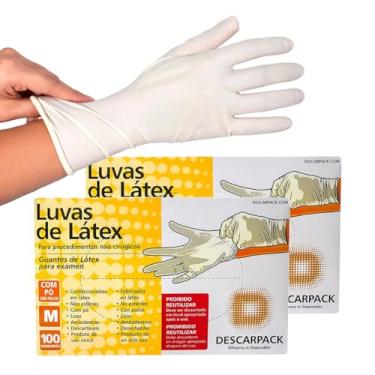 Imagem de Kit 2 Pct Luva de Látex Descartável com Pó, Tamanho M, 200 Unidades, Procedimento Médico-Hospitalar, Ambidestra, Texturizada na Ponta dos Dedos