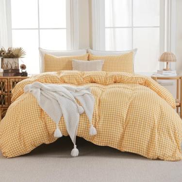 Imagem de YHJWW Conjunto de capa de edredom de guingão amarelo pré-lavado, extra macio, confortável, respirável, 3 peças, xadrez, quadriculado, conjunto de capa de edredom bonito (Queen 228,6 cm x 228,6 cm, sem