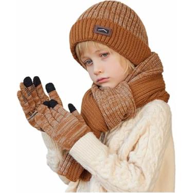 Imagem de Conjunto De Gorro De Inverno Para Crianças, Chapéu, Cachecol Para Meninas E Meninos De 4 A 10 Anos, Khaki