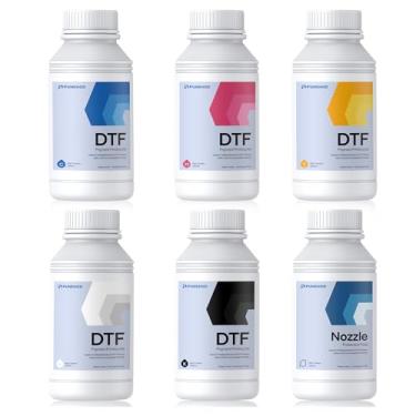 Imagem de PUNEHOD Tinta DTF 1500 ml - Tinta de transferência DTF premium para filme PET, refil de tinta para impressora DTF L1800 R1390 L805 L800 XP600 TX800, tamanho: 5 * 250 ml (CMYKW) + 1 * 250 ml (líquido