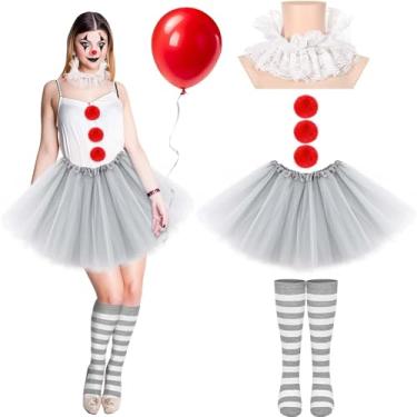 Imagem de JcHrmers Creepy Clown Costume Accessories Neck Ruffle Collar Pompoms Balloon Tutu Skirt and Socks for Women Halloween Cosplay