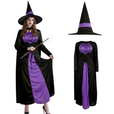 Imagem de VZQI Fantasia de bruxa para mulheres, espartilho medieval, conjunto de vestido perverso de Halloween com chapéu de bruxa GG