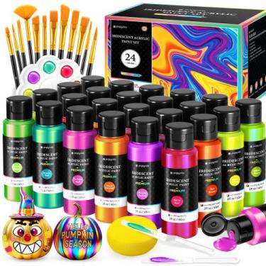 Imagem de Conjunto de tinta acrílica POPYOLA 24 cores 60mL com pincéis e paleta