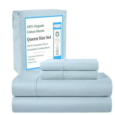 Imagem de CHATEAU HOME COLLECTION Jogo de lençol Queen Size – Lençóis de cama azul claro 100% algodão orgânico, lençol com elástico alto, refrescante e respirável, tecido acetinado, cabe em colchões de até 43