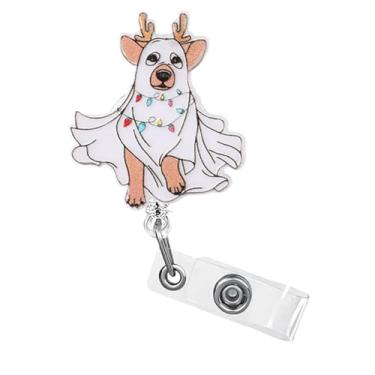 Imagem de 1 peça de carretel de crachá de Natal bonito alce leve porta-crachá design de roupas de lanterna irregular acrílico retrátil clipe de crachá com clipe giratório para cartão de identificação, etiqueta