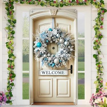 Imagem de BlissYard Capa de porta de boas-vindas prata azul 188 x 89 cm faixa de Natal para porta da frente decoração interna grande de inverno com enfeites de pinhas guirlanda fosca decoração elegante