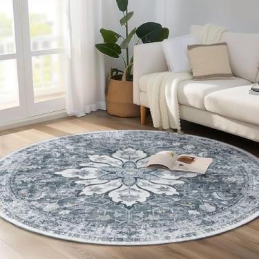 Imagem de RELEANY Tapetes De 6 Pés Laváveis E Antiderrapantes, Com Estampa Floral Vintage, Medalhão, Para Sala Estar, Quarto Jantar, Cinza Claro, Branco