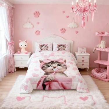 Imagem de Manfei Conjunto de edredom infantil com desenho animado de gato, escova de dentes de animais fofos, decoração de quarto de meninas e meninos, edredom engraçado com garra de gato, conjunto de edredom