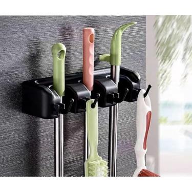 Imagem de Suporte de vassoura de parede para esfregão e vassoura, ferramenta de jardim para pendurar na parede e organizador de banheiro, armazenamento de garagem, rack de cozinha (preto, furadeira de parede