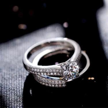 Imagem de 2 peças de anéis de noivado de zircônia cúbica branca banhada a ouro branco, alianças de compromisso, festas noturnas, presentes de dia dos namorados, alianças de eternidade para mulheres, 7, Cobre